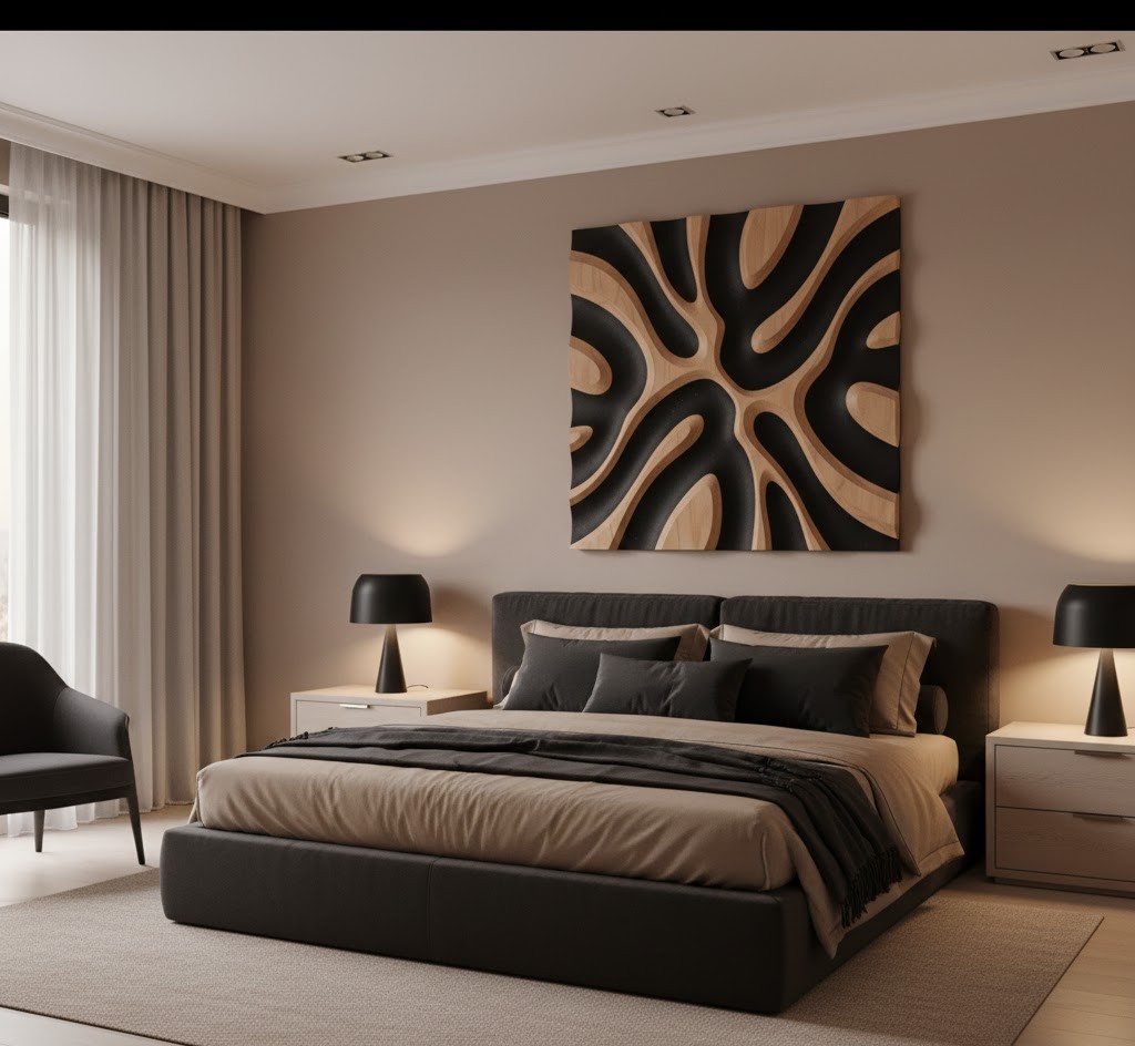 Stylish bedroom with artwork